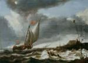 Segelschiffe Auf Bewegter See In Kustennahe by Bonaventura, the Elder Peeters