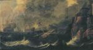 Three-masters And Other Shipping
 In A Storm, Nearby A Rocky Coastwith Travellers Nearby A City Gate by Bonaventura, the Elder Peeters