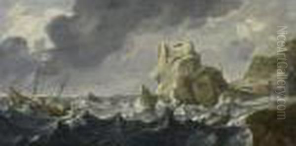 A Mediterranean Harbour Entrance
With Shipping On Rough Seas And A Shipwrecking In The Foreground, A
Fortified Castle And A Town In The Background - view 1
