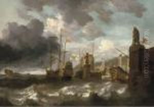 A Coastal Landscape With Men-o'-war In Choppy Seas Outside A Mediterranean Harbour