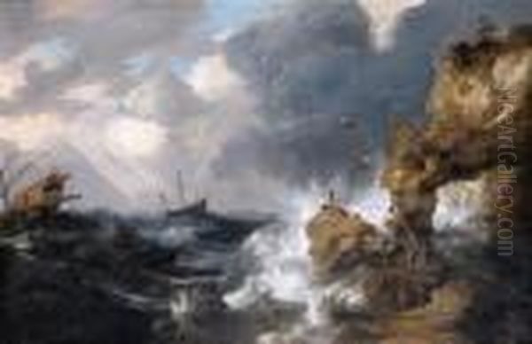 A Whaler Shipwrecked Off A Rocky
 Coast In A Gale, With A Whalerising In The Sea, Other Shipping And 
Survivors On An Outcrop Inthe Foreground - view 1