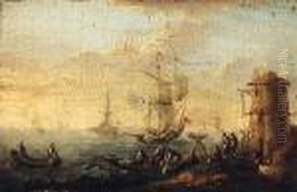 Rowing Boats By A Shoreline, A
Kaag Beyond; And A Shipwreckedsailing Boat Off A Rocky Coastline - view 1