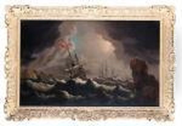 Shipping In A Stormy Sea Off A Rocky Coast - view 1