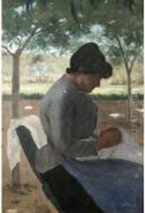Portrait De Femme Assise Tricotant