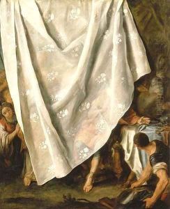 The Meeting of Alexander the Great and Roxana, behind a trompe l'oeil curtain by Pietro Antonio Rotari