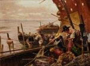 Scena Di Mercato Sulle Barche by Carlo Pellegrini
