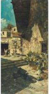 Musicians And Dancers In A 
Moonlit Courtyard; Peasants Watching A Group Of Men In A Dispute In 
Sunlit Courtyard by Carlo Pellegrini