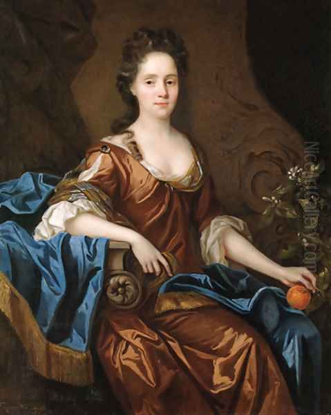 Portrait of Frances Wiat, three-quarter-length, seated, in an ochre dress and blue wrap, holding an orange in her left hand - view 1