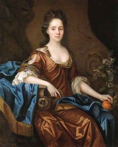Portrait of Frances Wiat, three-quarter-length, seated, in an ochre dress and blue wrap, holding an orange in her left hand by John Riley