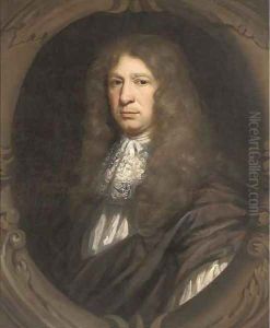 Portrait of Sir John Streynsham Master (1640-1723), bust-length, in brown robes, sculpted cartouche by John Riley