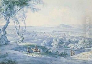 Figures on a road, a bay seen beyond by Carl Rottmann