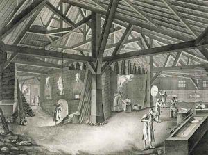 Glassmaking factory, from the Encyclopedia by Denis Diderot (1713-84), engraved by Robert Benard b.1734, published c.1770 by Radel