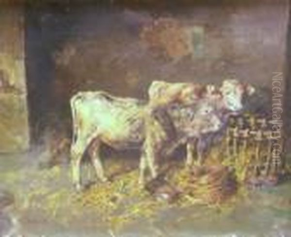 Pellicciotti, Oilpainting On
Canvas, Calves Feeding In Stable With Chickens In Foreground, Signed
Lower Left, 37 X 45cm - view 1