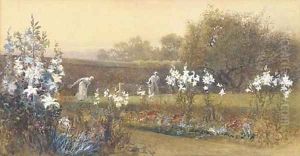 Roland and Mildred Robertson, the artist's children playing shuttlecock in the garden by Charles Robertson
