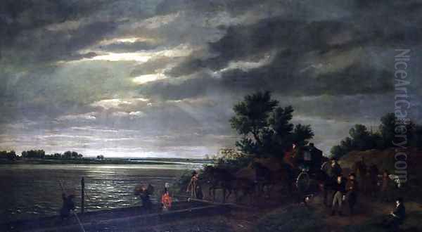 A Carriage and Horses entering a ferry boat on the river Leck in Holland at night - view 1