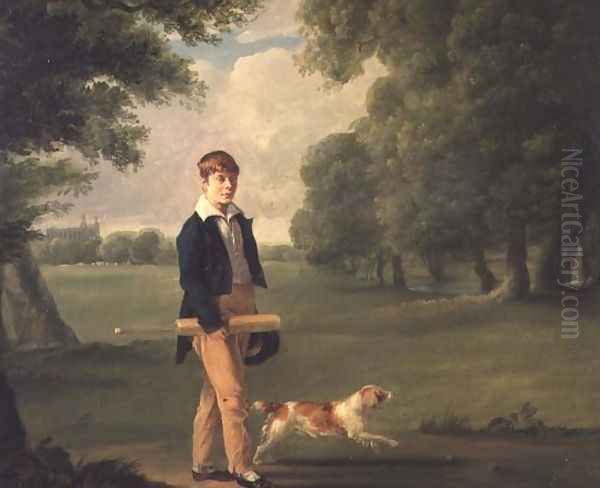 Young Man with a Cricket Bat Walking a Spaniel in the Grounds of Eton College - view 1