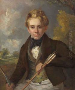 Portrait of a boy, half-length, in a brown jacket and green vest, holding a bow and arrows, in a landscape