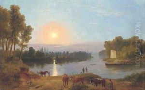 An extensive river landscape, with figures and cattle in the foreground, possibly on the River Thames looking from Petersham Meadows towards Richmond by Ramsay Richard Reinagle