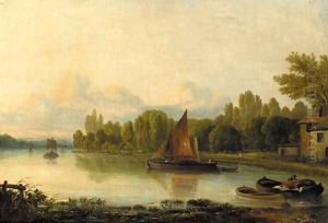 Boats on a tranquil river by Ramsay Richard Reinagle