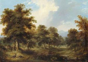 A wooded Glade with Pheasants and Rabbits, a sportsman and his dog beyond by Ramsay Richard Reinagle