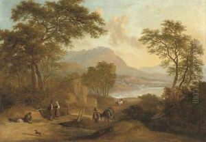 An Alpine river landscape with figures on a track in the foreground, a town beyond by Ramsay Richard Reinagle