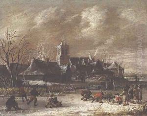 Town in Winter with figures skating