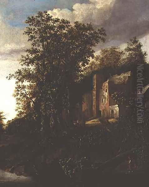 A wooded river landscape with peasants by a ruined manor house - view 1