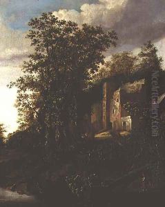 A wooded river landscape with peasants by a ruined manor house by Salomon Rombouts