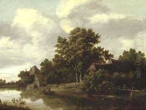 A wooded river landscape with a peasant crossing a bridge and fishermen in a boat, cottages nearby - view 1