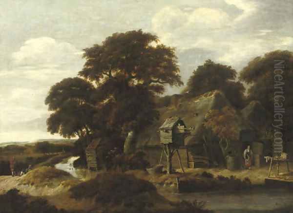 A wooded river landscape with a farmyard and a dovecote - view 1