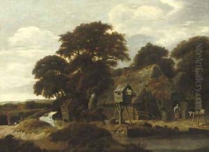 A wooded river landscape with a farmyard and a dovecote by Salomon Rombouts
