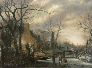 A winter landscape with peasants playing kolf on a frozen river by Salomon Rombouts