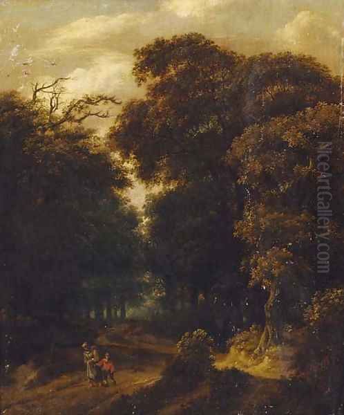 A wooded landscape with a mother and child on a track - view 1