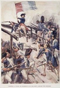 Seizing a Flag, He Himself Led His Men Across the Bridge', plate from The Story of France, by Mary MacGregor, 1920 by William Rainey
