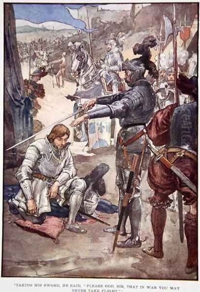Taking his sword, he said Please God, Sir, that in war you may never take flight, illustration from The Story of France Told to Boys and Girls by Mary Macgregor, 1920 - view 1