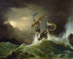 A First rate Man-of-War driven onto a reef of rocks, floundering in a gale by George Philip Reinagle