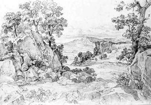 A rocky wooded landscape near Olevano by Heinrich Reinhold