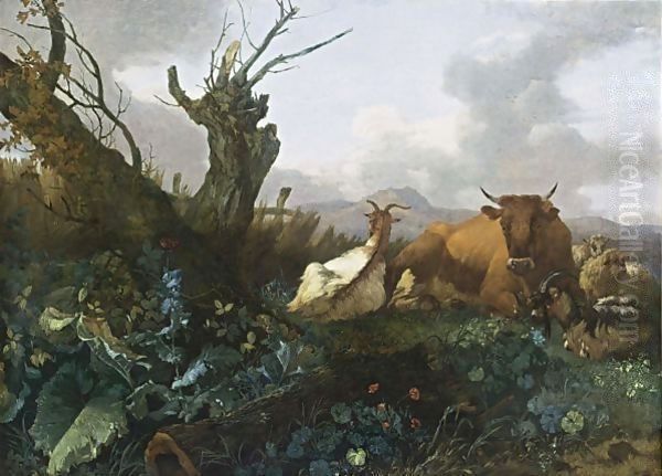 Cow, Goats and Sheep in a Meadow - view 1