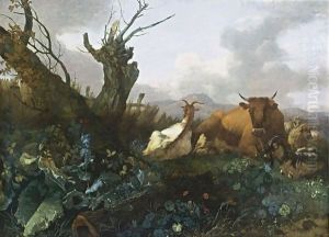Cow, Goats and Sheep in a Meadow by Willem Romeijn