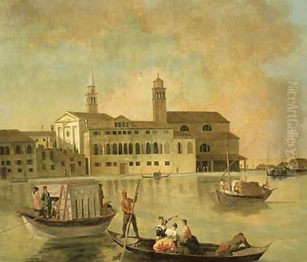 Venice, a view of San Biagio and the church of San Biagio e Cataldo on the Giudecca with elegant figures in a burchiello - view 1