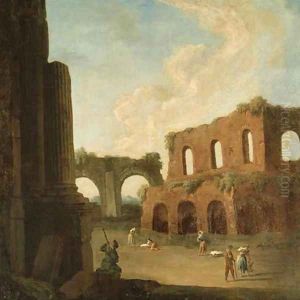 A capriccio with figures amongst ruins by Johann Richter