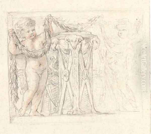 Two putti decorating an incense-burner with garlands - view 1