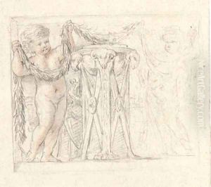 Two putti decorating an incense-burner with garlands by Giovanni Francesco Romanelli