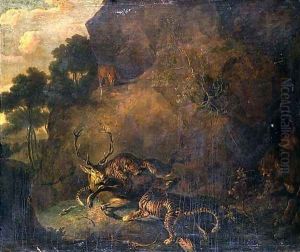Tigers attacking a stag in rocky landscape by Carl Borromaus Andreas Ruthart