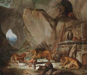 A lion and a tiger fighting over a fallen stag before a classical sarcophagus in a cave, a landscape with a pyramid beyond by Carl Borromaus Andreas Ruthart