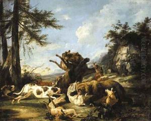 Bears and hounds fighting in a landscape by Carl Borromaus Andreas Ruthart