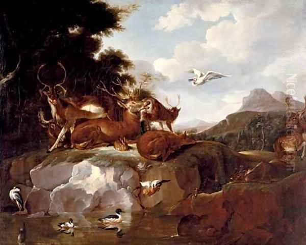 Deer, ducks, a rabbit, a spoonbill and other animals in a landscape - view 1