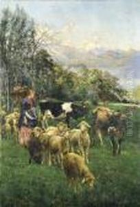 Pastorella Congregge E Armenti Sullo Sfondo Di Un Lago by Giuseppe Pennasilico
