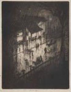 Rainy Night, Charing Cross Shops by Joseph Pennell