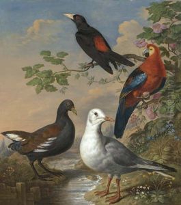 A Moorhen, A Gull, A Scarlet Macaw And Red-Rumped A Cacique By A Stream In A Landscape by Philip Reinagle